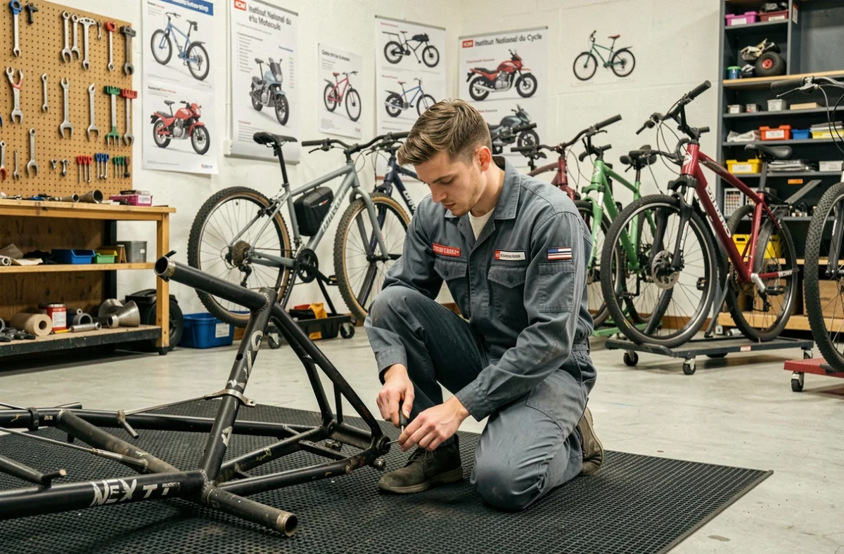 Apprenti mécanicien travaillant sur un cadre de vélo dans l'atelier pédagogique de l'INCM