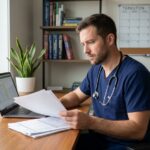 Infirmier libéral assis à son bureau en train de préparer les documents administratifs pour son installation