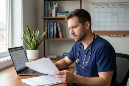 Infirmier libéral assis à son bureau en train de préparer les documents administratifs pour son installation