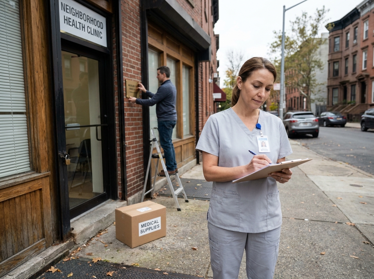Infirmière libérale devant sa future patientèle vérifiant sa liste de contrôle avant l'ouverture du cabinet