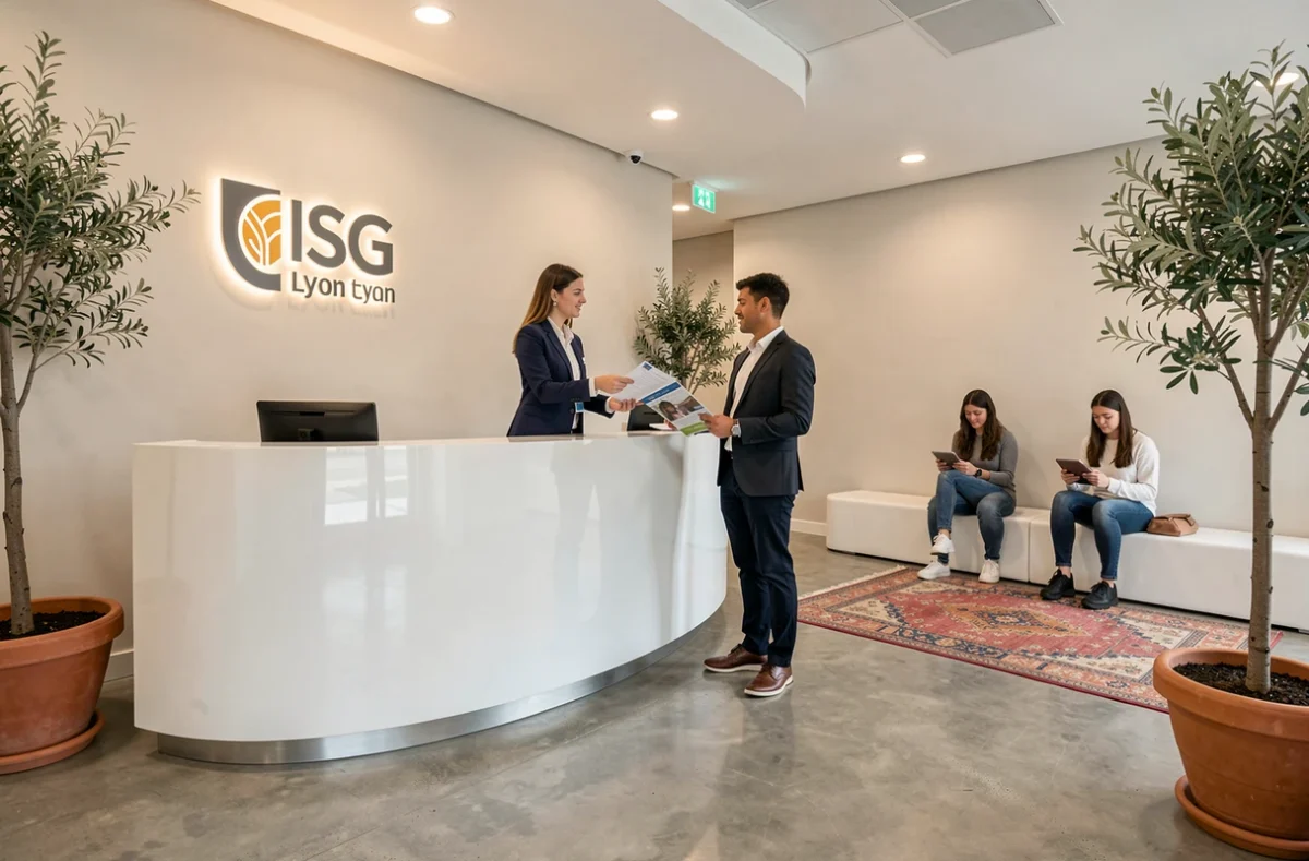 Hall d'accueil moderne de l'ISG Lyon avec réceptionniste et étudiants dans un espace design épuré