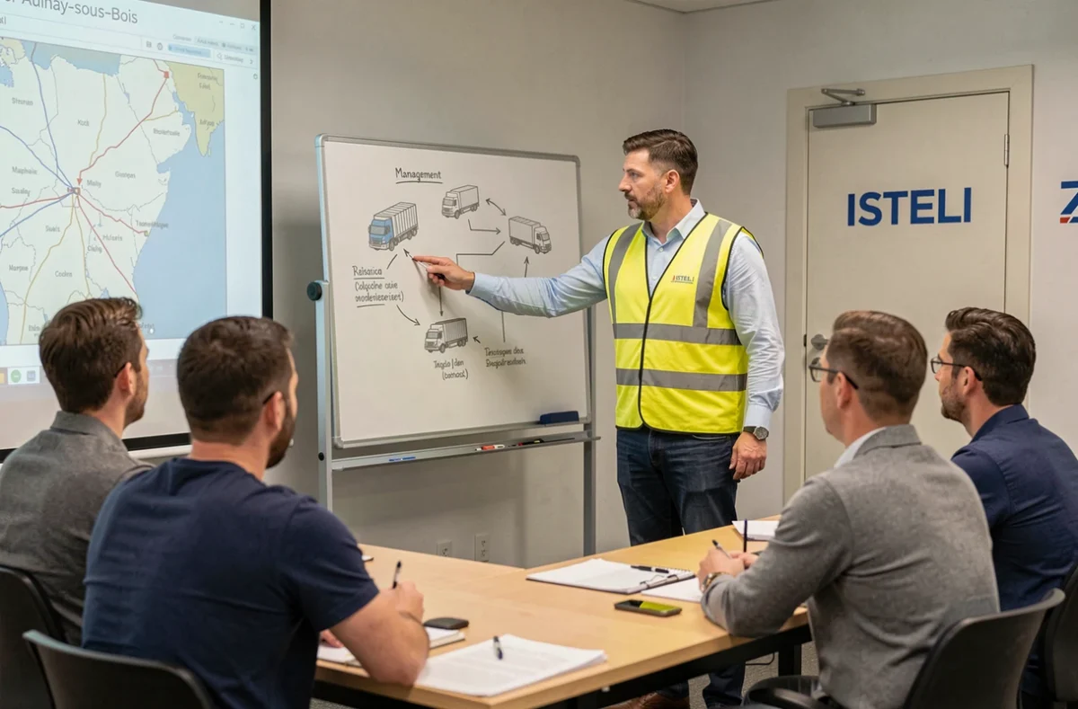 Formateur en logistique présentant un cours devant des stagiaires à l'ISTELI d'Aulnay-sous-Bois