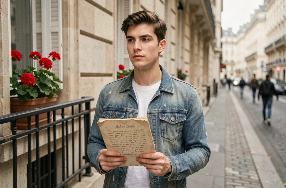Jeune acteur tenant un script devant une façade haussmannienne à Paris, s'interrogeant sur son parcours au Cours Florent
