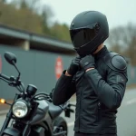 Jeune conducteur de 20 ans bouclant son casque moto intégral noir devant une auto-école avec panneau permis A2 visible