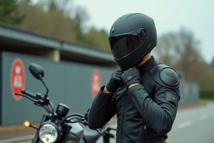 Jeune conducteur de 20 ans bouclant son casque moto intégral noir devant une auto-école avec panneau permis A2 visible