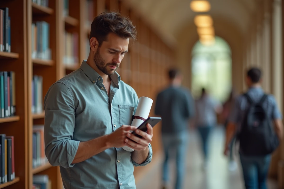 Jeune diplômé vérifiant son accès étudiant sur smartphone dans une bibliothèque universitaire après remise de diplôme