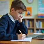 Jeune garçon en classe avec ordinateur et notes