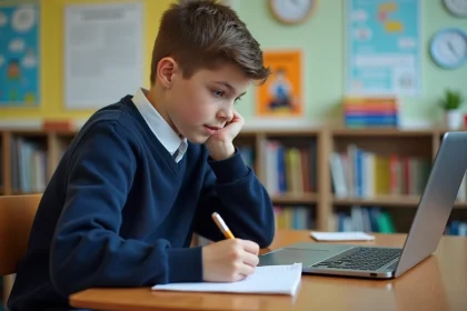 Jeune garçon en classe avec ordinateur et notes