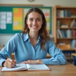 Jeune femme souriante en classe avec livre de grammaire française