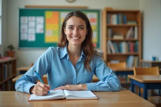 Jeune femme souriante en classe avec livre de grammaire française