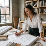 Jeune femme reconvertie en architecte d'intérieur étudiant des plans de conception dans un studio de design moderne