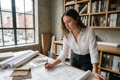 Jeune femme reconvertie en architecte d'intérieur étudiant des plans de conception dans un studio de design moderne