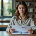 Jeune femme concentrée à la bibliothèque avec dossiers BTS
