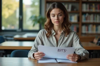 Jeune femme concentrée à la bibliothèque avec dossiers BTS