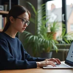 Jeune femme concentrée travaillant sur son ordinateur dans un bureau moderne