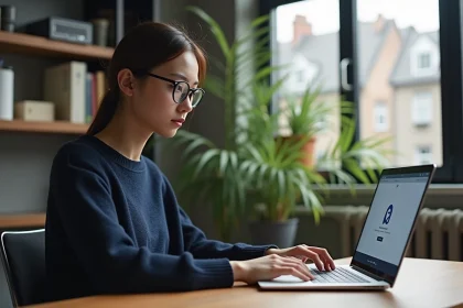 Jeune femme concentrée travaillant sur son ordinateur dans un bureau moderne
