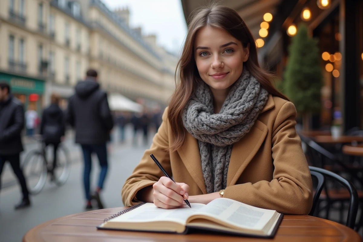Jeune femme à Paris étudie un livre de français