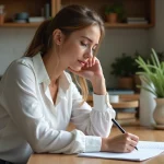 Jeune femme en blouse blanche et jeans écrivant un conjugueur passé simple