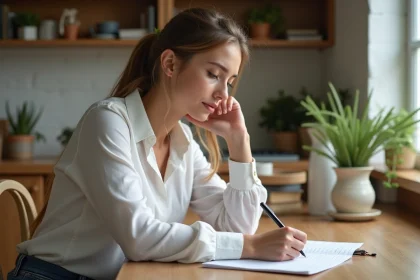 Jeune femme en blouse blanche et jeans écrivant un conjugueur passé simple