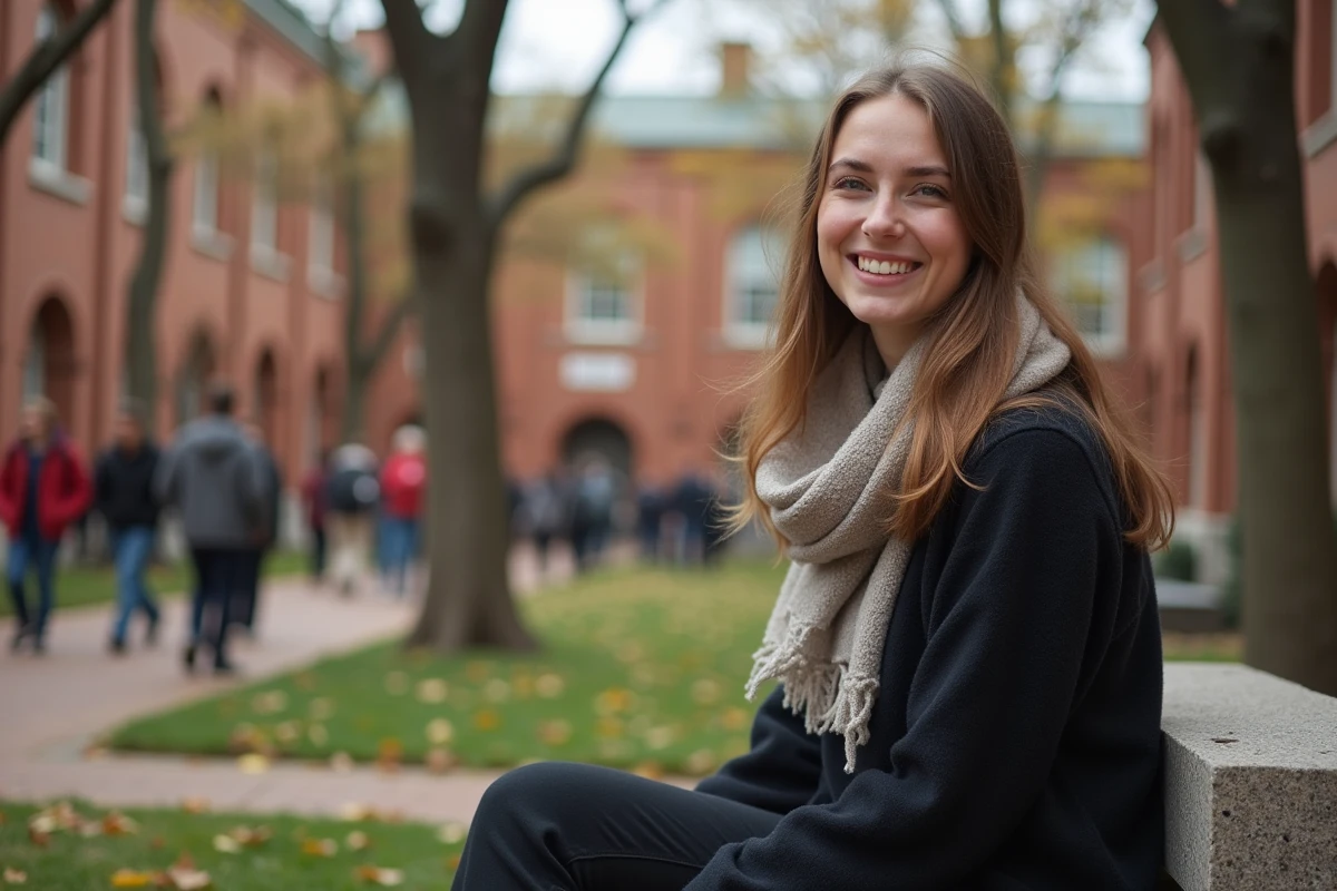 Jeune femme souriante assise dans Harvard Yard