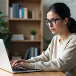 Jeune femme concentrée sur son ordinateur dans un bureau universitaire