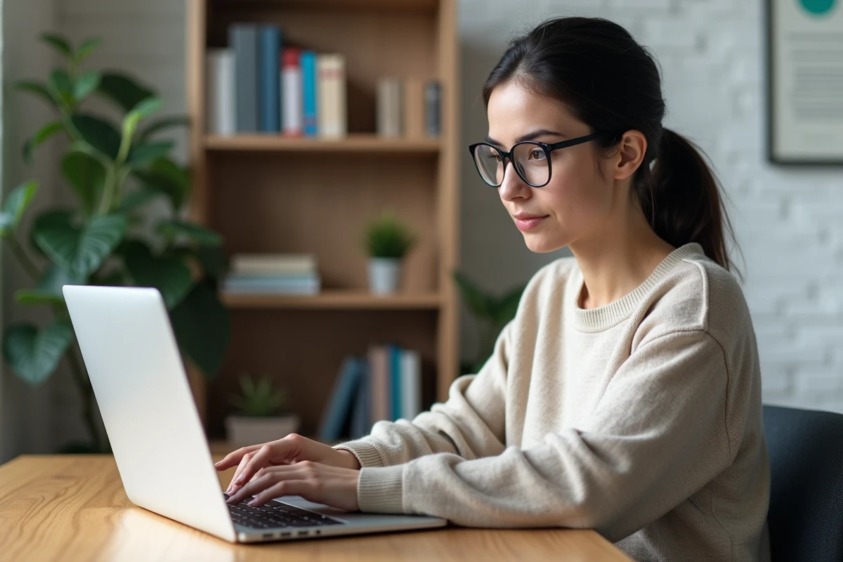 Jeune femme concentrée sur son ordinateur dans un bureau universitaire