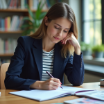 Jeune femme en blazer écrivant dans un espace d'étude calme