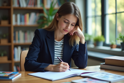 Jeune femme en blazer écrivant dans un espace d'étude calme