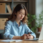 Jeune femme utilisant son smartphone pour configurer ses emails à la maison