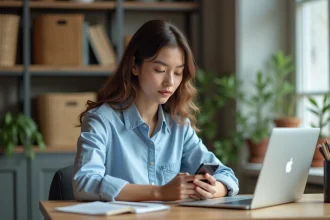 Jeune femme utilisant son smartphone pour configurer ses emails à la maison