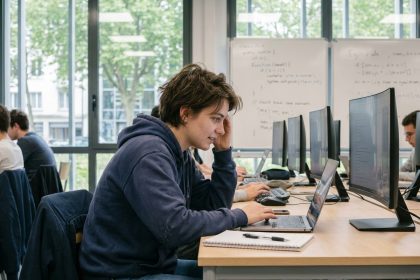 Jeune femme concentrée sur son ordinateur dans une salle moderne à Nantes