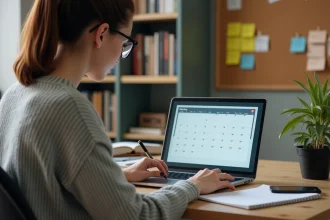 Jeune femme organisée vérifiant son emploi du temps sur son ordinateur