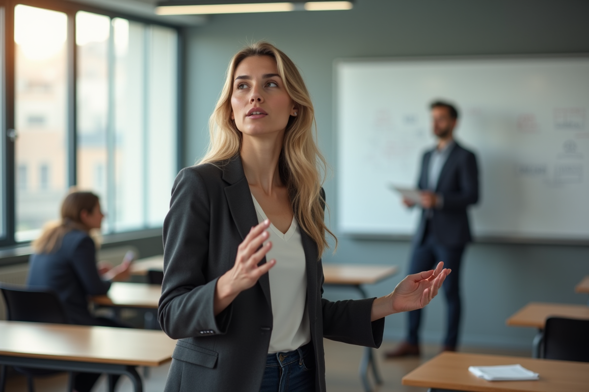 Jeune femme en présentation dans une salle moderne en France