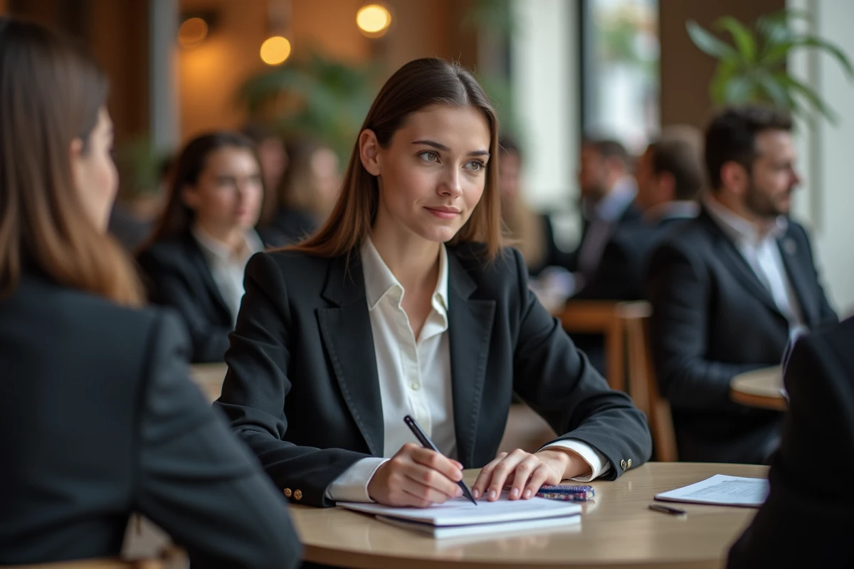 Jeune femme en réunion de réseautage à Paris utilisant son smartphone