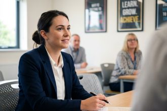 Jeune femme concentrée en formation dans une salle moderne