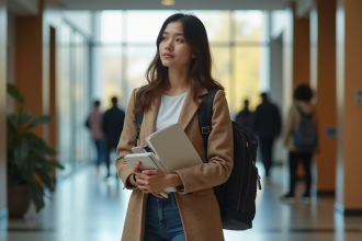 Jeune femme avec livres devant l'entrée d'université