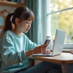 Jeune fille concentrée sur son ordinateur dans sa chambre