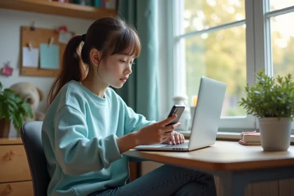 Jeune fille concentrée sur son ordinateur dans sa chambre