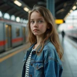 Jeune fille en denim à la gare transit