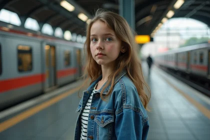 Jeune fille en denim à la gare transit