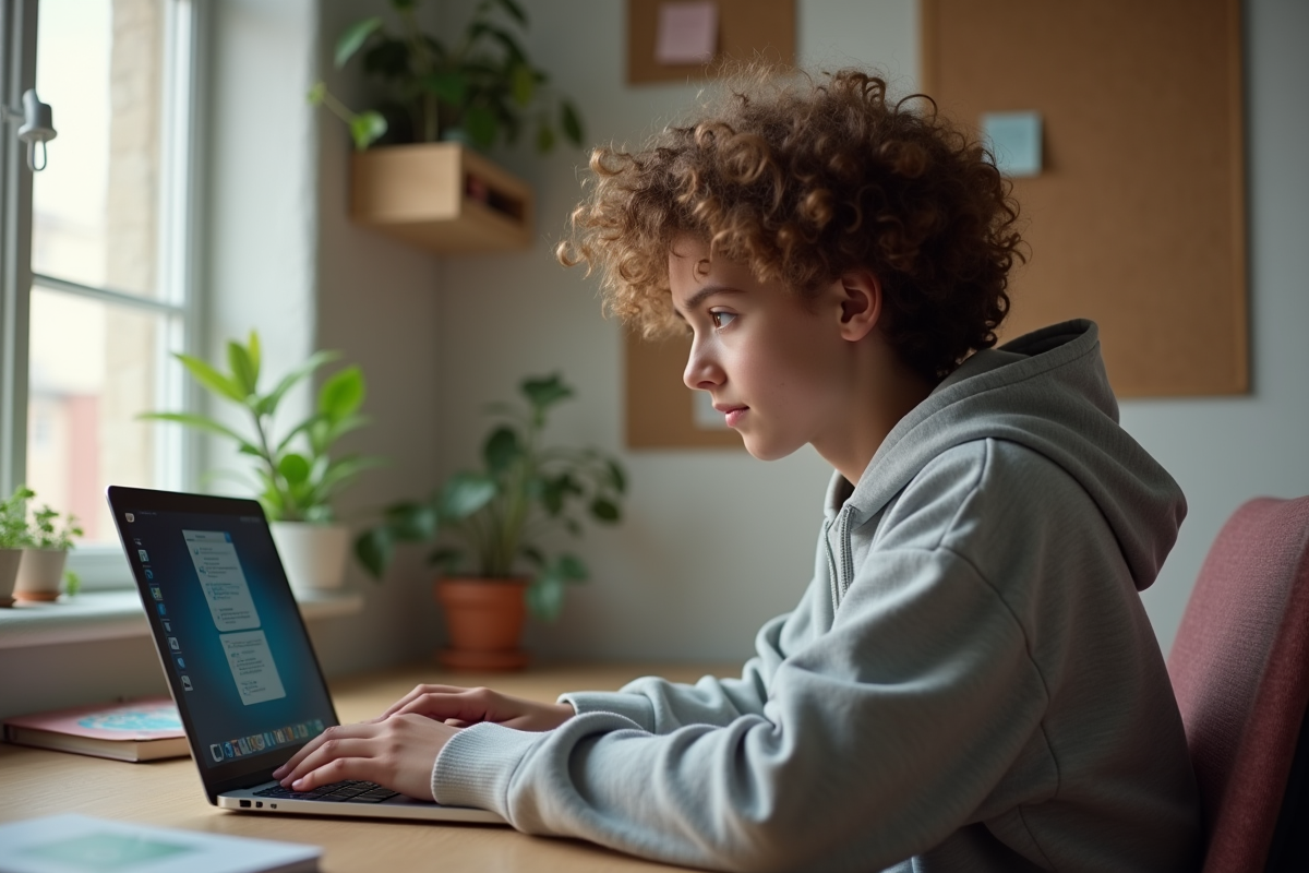 Jeune fille au lycée utilisant un ordinateur portable dans sa chambre