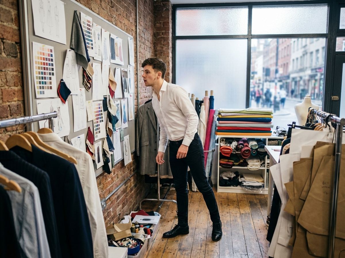 Jeune couturier étudiant ses échantillons en atelier urbain