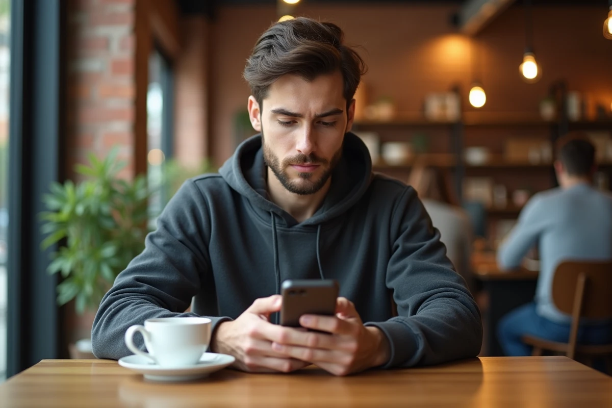 Jeune homme accédant à l'extranet PSB depuis son smartphone dans un café urbain