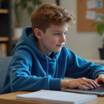 Adolescent en hoodie bleu utilisant son ordinateur dans sa chambre