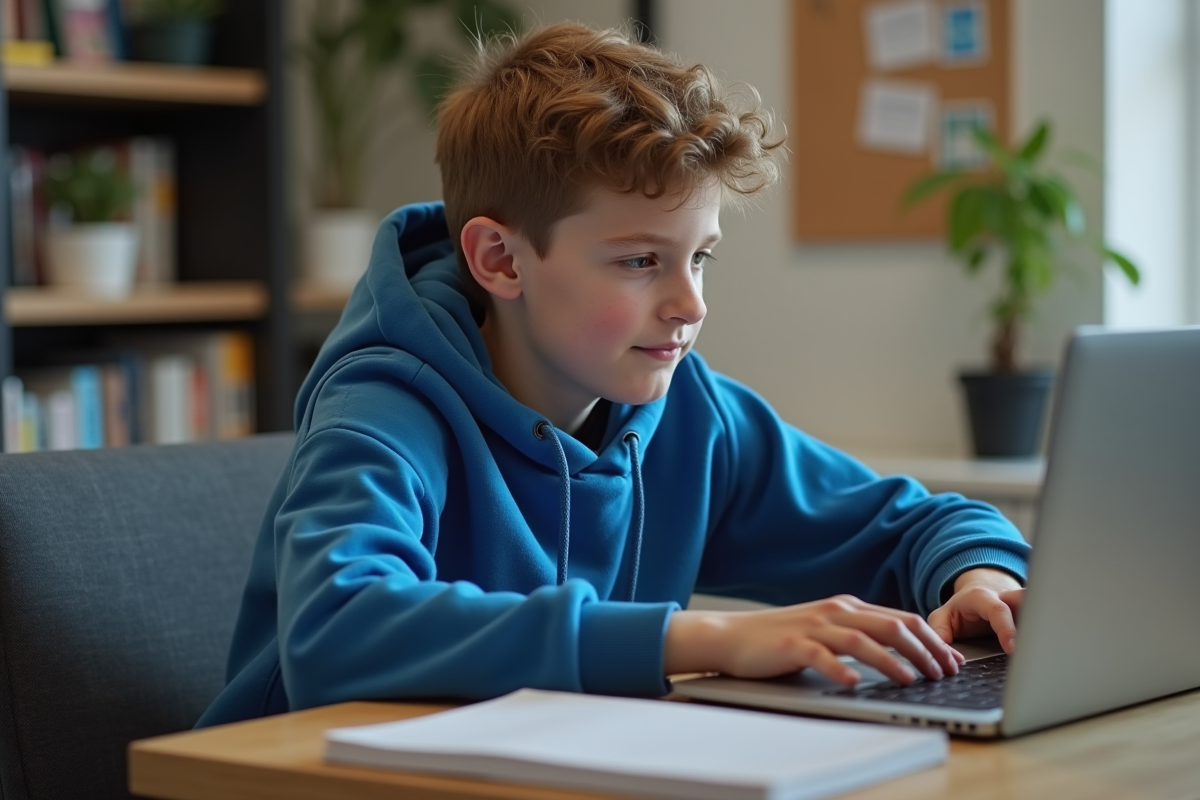 Adolescent en hoodie bleu utilisant son ordinateur dans sa chambre