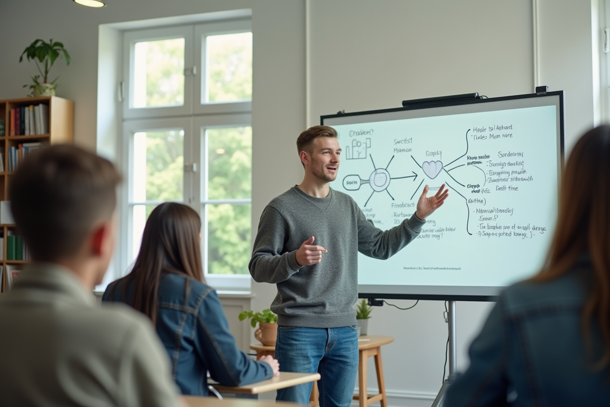 Jeune homme expliquant un diagramme en classe lumineuse