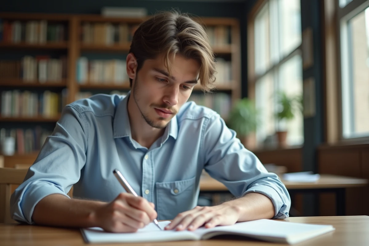 Jeune homme étudiant prenant des notes en bibliothèque