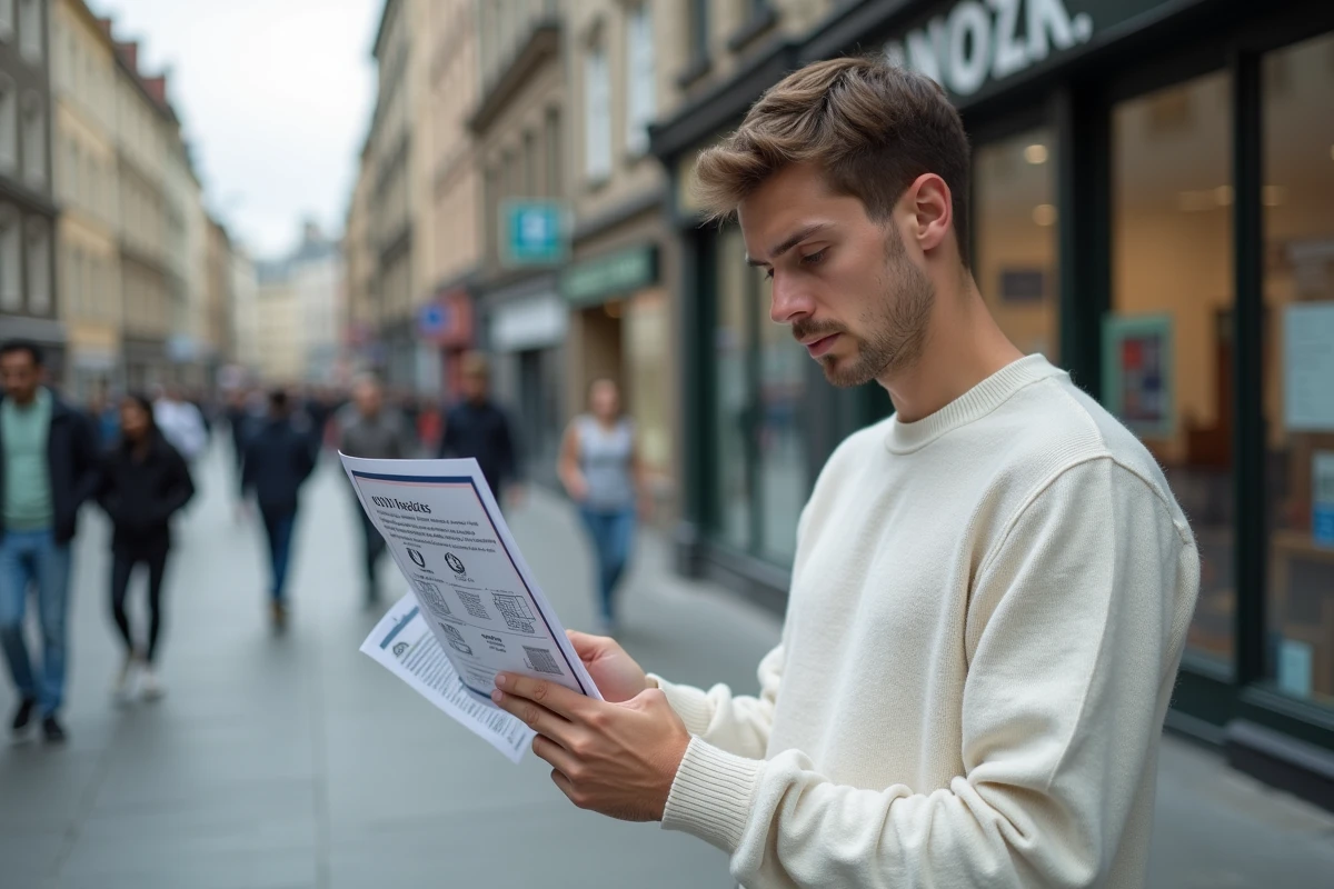 Jeune homme étudie un flyer de test IQ dans la rue urbaine