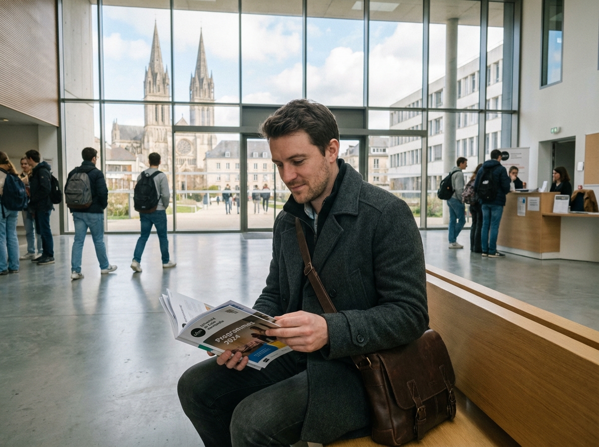 Jeune homme étudiant dans un hall moderne à Caen