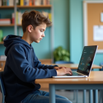 Jeune lyceen en classe avec ordinateur portable